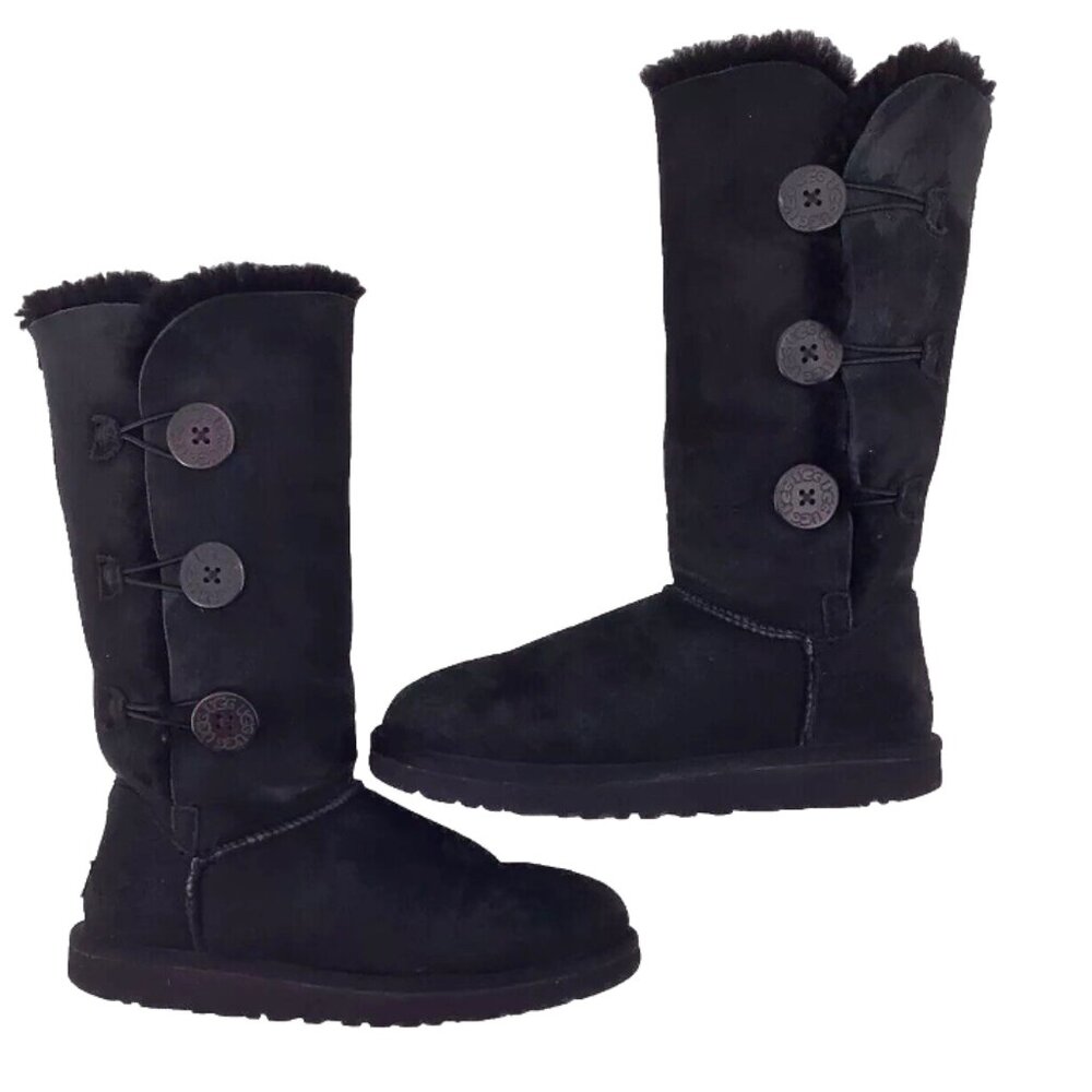 Ugg Bailey Button Tall Triplet Suede Fur Shearling Lined Boots Black Size 7